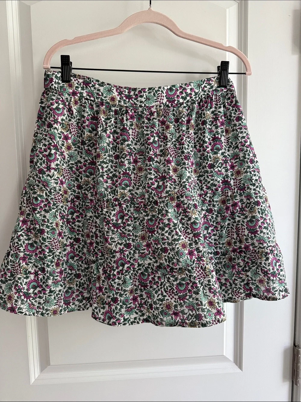 J. Crew Floral Mini Ruffle Skirt in White, Green and Pink